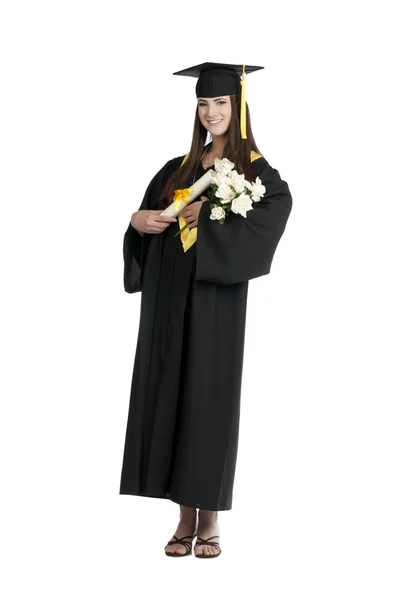 Graduating student holding her diploma with bouquet of flower — Stock Photo, Image