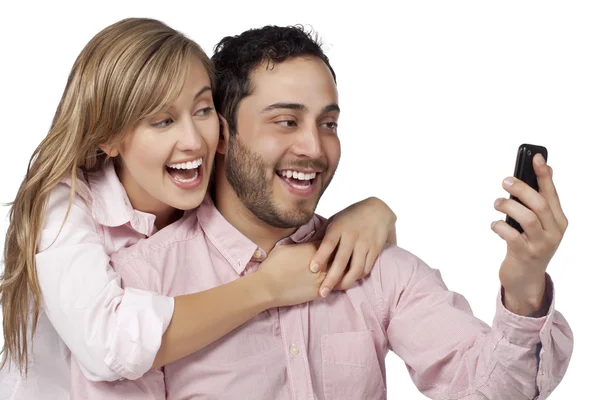 Happy couple with cellphone — Stock Photo, Image