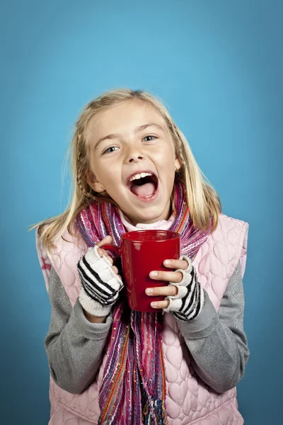 Happy hot chocolate drinker — Stock Photo, Image