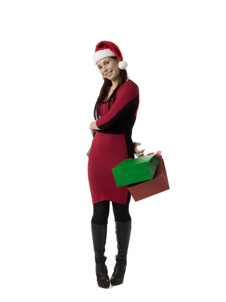 Ευτυχισμένη ψώνια Χριστούγεννα γυναίκα που μεταφέρουν τσάντες για έγγραφα — Φωτογραφία Αρχείου