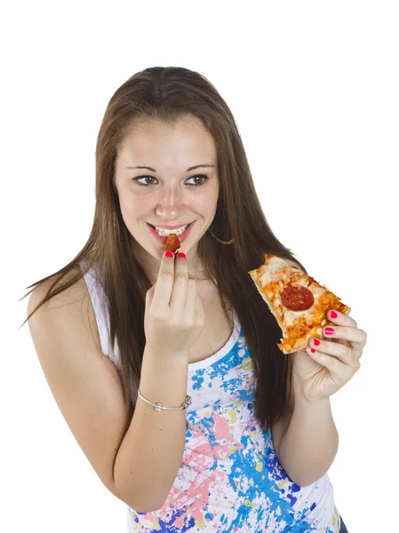 Menina adolescente feliz comer pizza — Fotografia de Stock