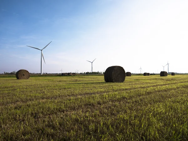 Fardo de feno com turbina eólica no campo — Fotografia de Stock
