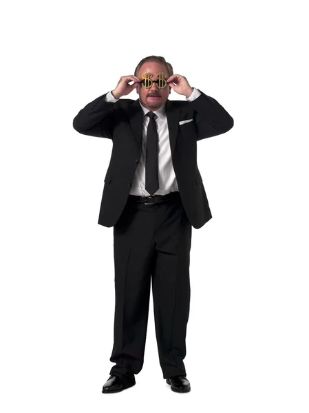 Homme d'affaires mature avec des lunettes de soleil dollar — Photo