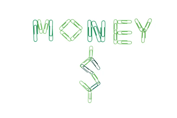 Λέξη χρήματα και το σύμβολο του δολαρίου από πράσινο συνδετήρες — Φωτογραφία Αρχείου