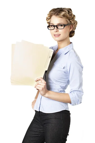 Office lady holding a folder of reports — Stock Photo, Image