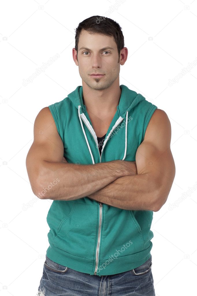 muscular male model with arm crossed