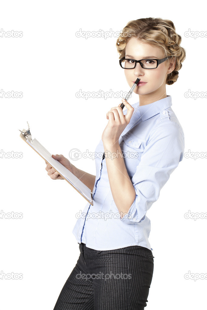 office girl wearing eyeglasses holding pen and files