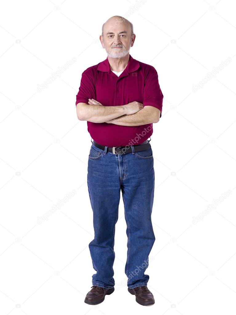 old man standing while arms cross