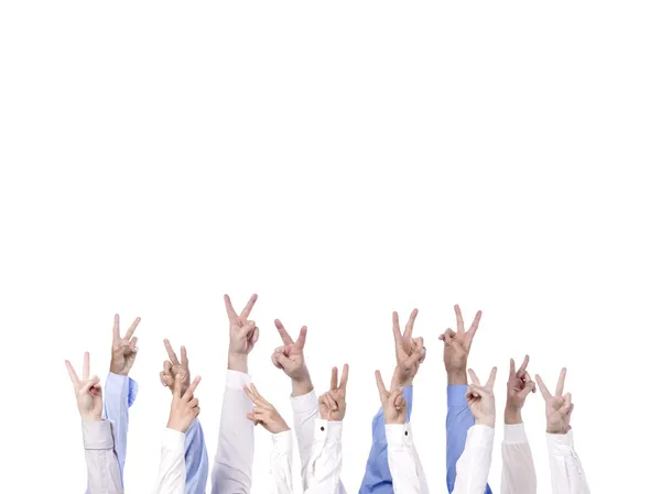 Different hands gesturing victory sign — Stock Photo, Image