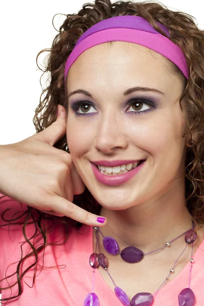 Chica en neón rosa sonrisas — Foto de Stock