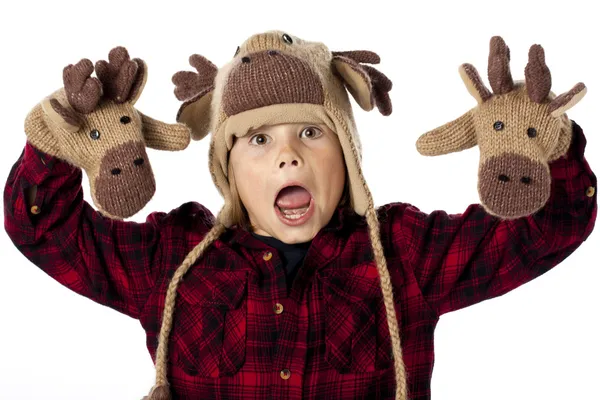 Portrait of a playful showing his reindeer gloves — Stock Photo, Image