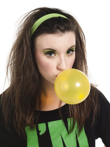 Portrait of a pretty young female blowing bubble gum — Stock Photo, Image