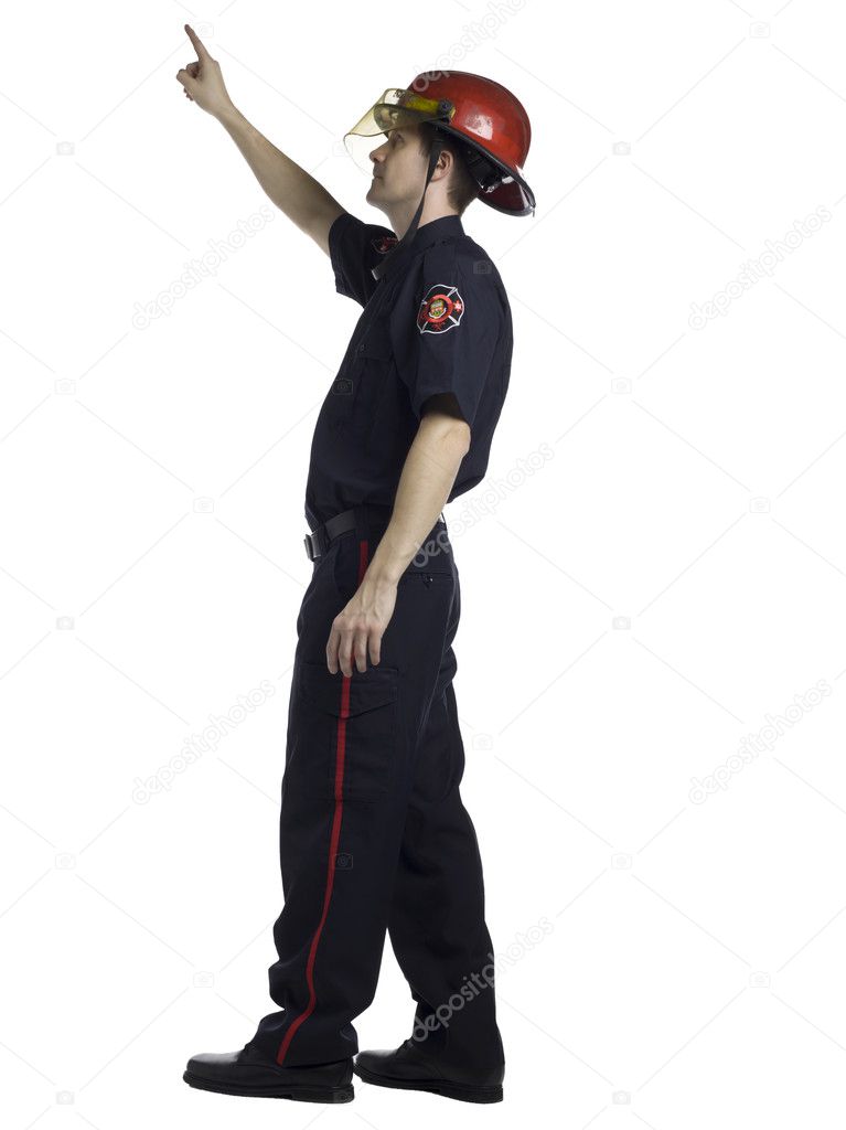 male fire fighter pointing up