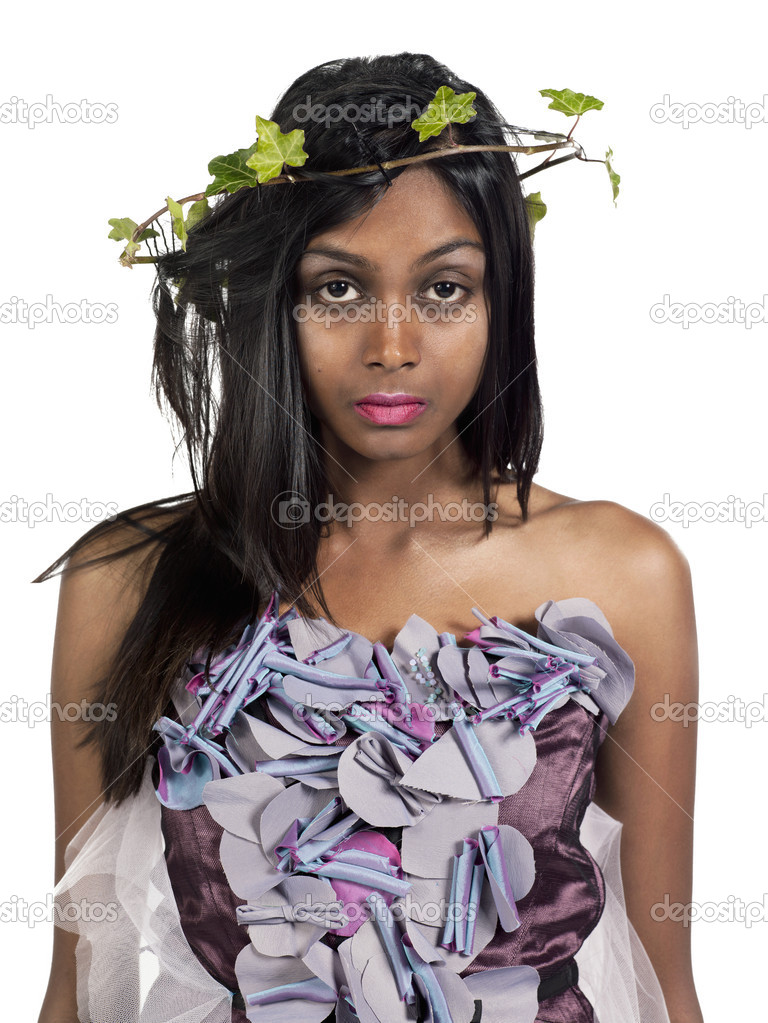 portrait of a woman wearing leaves tiara