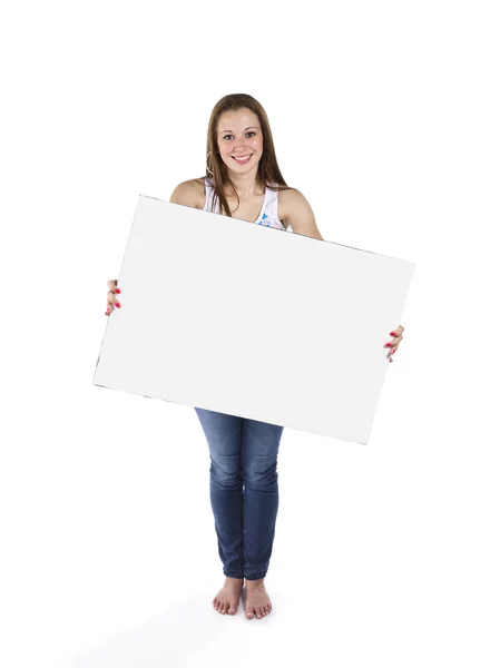 Εφηβικό κορίτσι στέκεται με την επιγραφή — Φωτογραφία Αρχείου