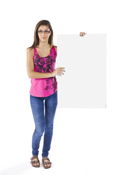 Cute teenage displaying a empty placard — Stock Photo, Image