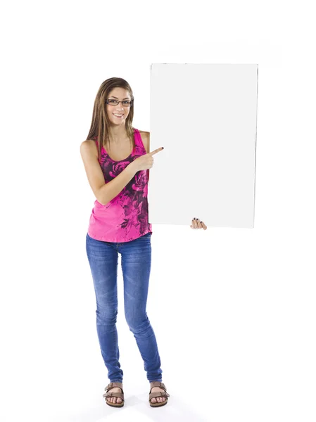 Cute teenage girl displaying a billboard — Stock Photo, Image