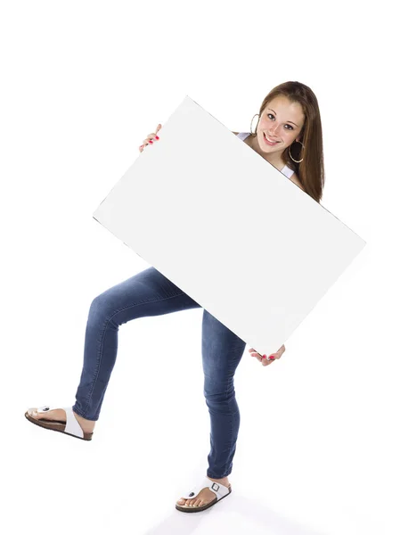 View of a teenage girl with a empty billboard — Stock Photo, Image