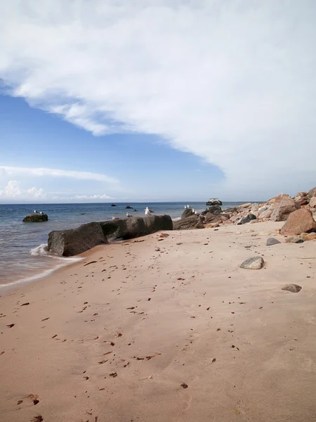 Colpo scenico di rocce in spiaggia con nuvole e cielo sullo sfondo — Foto Stock
