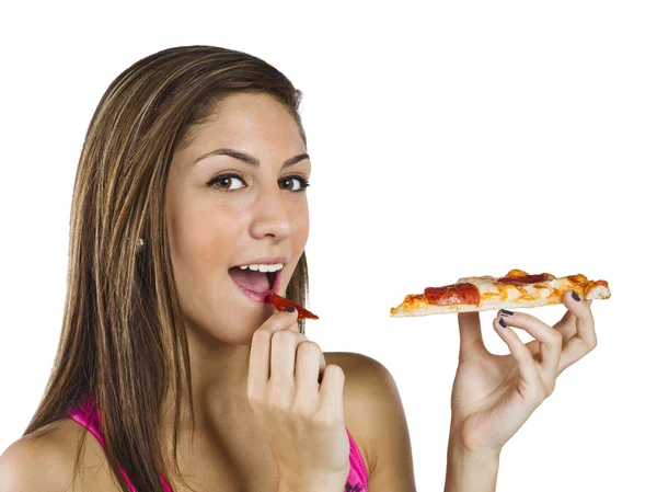 Portrait of a beautiful teenage girl eating pizza — Stock Photo, Image