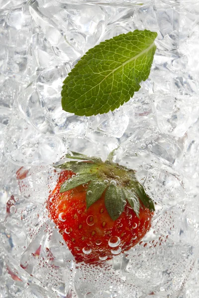 Foglia di menta piperita e fragola su cubetti di ghiaccio — Foto Stock