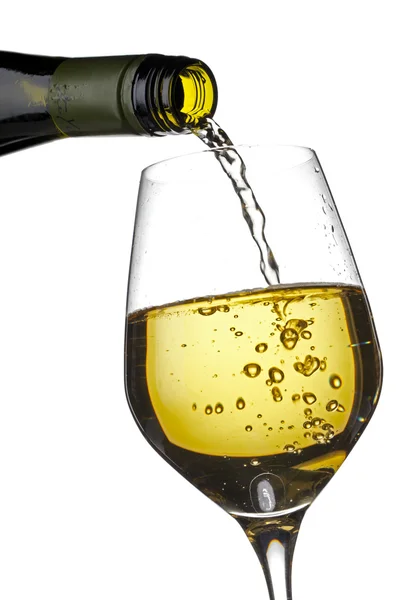 Wine glass and wine bottle against white background — Stock Photo, Image