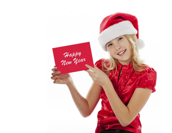 Chica sonriente con una tarjeta de felicitación de año nuevo —  Fotos de Stock