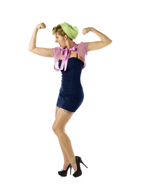 Blonde female flexing her muscles — Stock Photo, Image