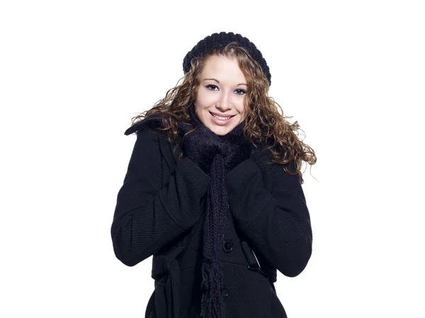 Neşeli genç kadın kış giyim — Stok fotoğraf