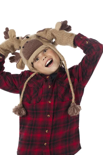 Boy wearing moose hat and gloves with head cocked — Stock Photo, Image