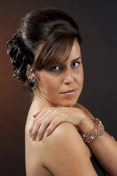 Close up portrait of a attractive young female posing with hands — Stock Photo, Image