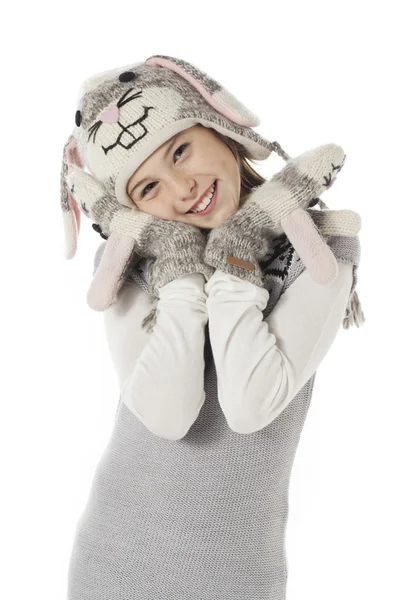 Girl in a rabbit costume with hands on chin — Stock Photo, Image