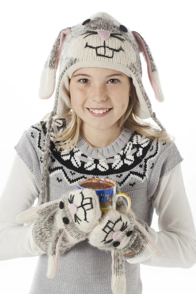 Retrato de uma adolescente com xícara de café e traje de coelho — Fotografia de Stock