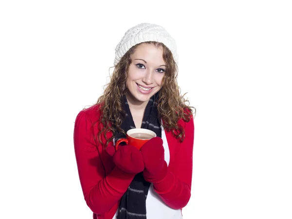 Souriant jeune femme tenant une tasse de café — Photo