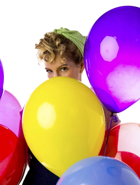 Femme blonde avec des ballons — Photo