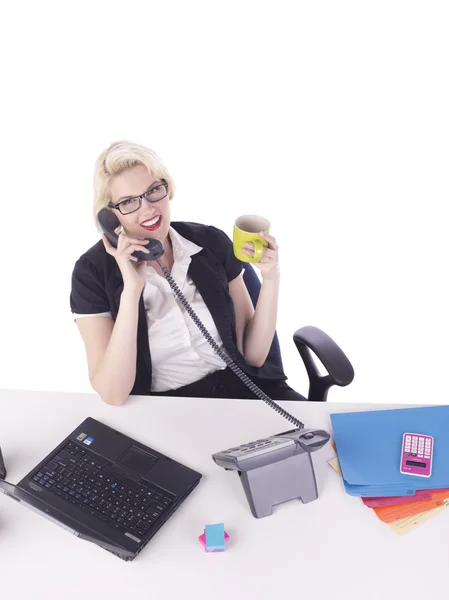 Calling secretary with coffee cup — Stock Photo, Image