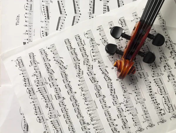 Peg box of a violin with music sheet — Stock Photo, Image