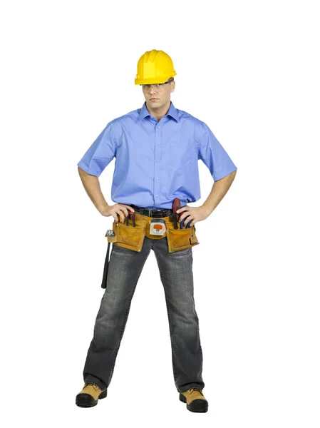 Trabalhador da construção civil com chapéu duro e ferramentas — Fotografia de Stock