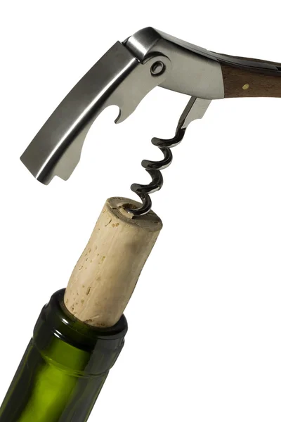 Korek šroub na krku láhev vína — Stock fotografie