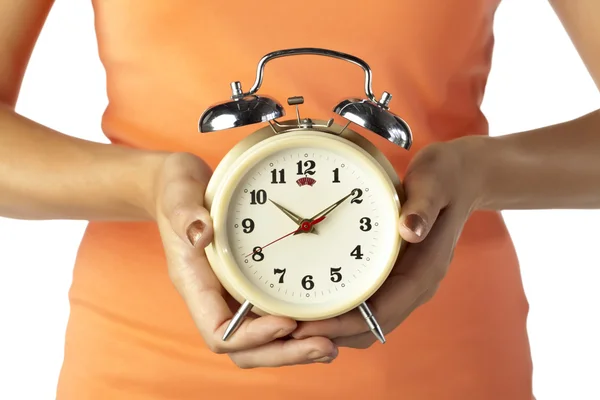 Alarm clock in human hand — Stock Photo, Image