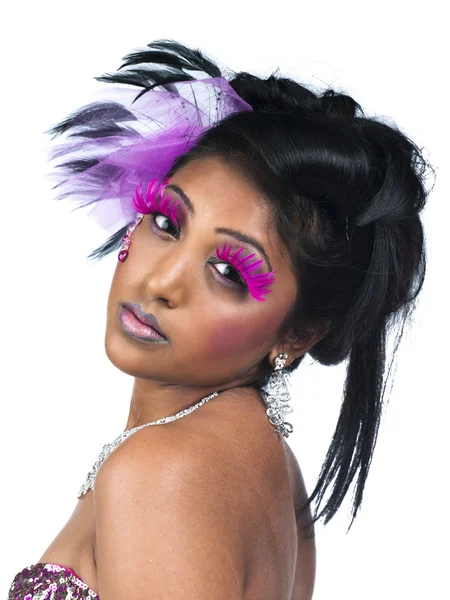 Portrait image of a young women wearing pink eye lashes and stag — Stock Photo, Image