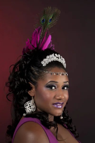 Portrait of a attractive young woman wearing jewelry and peacock — Stock Photo, Image