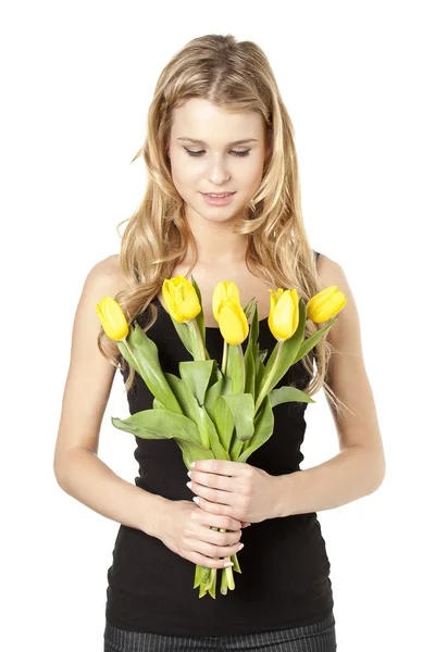 Portrait of blonde woman holding a tulip — Stock Photo, Image
