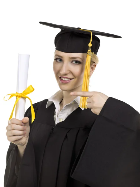 Mulher apontando seu diploma — Fotografia de Stock