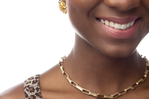 Cropped image of a smiling young female fashion model — Stock Photo, Image