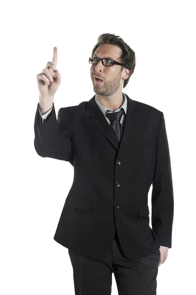 Businessman looking at his index finger — Stock Photo, Image