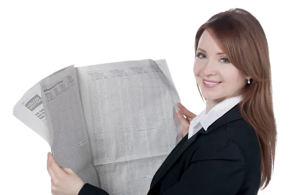 Een krant van blij zakenvrouw lezing — Stockfoto