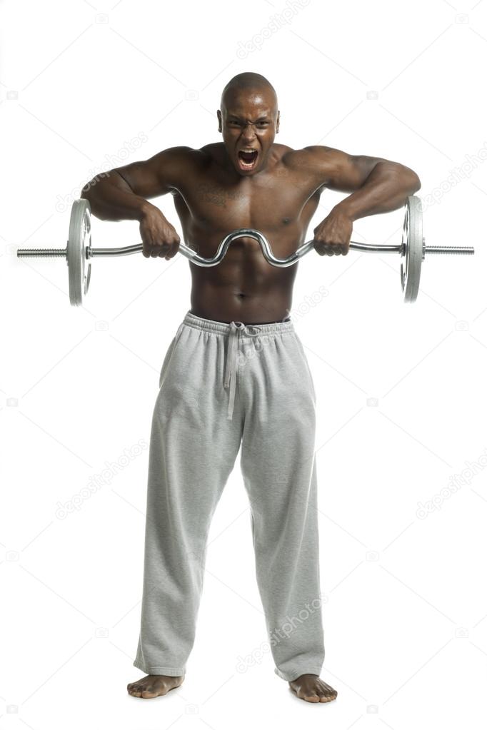 african american man lifting weight with mouth open