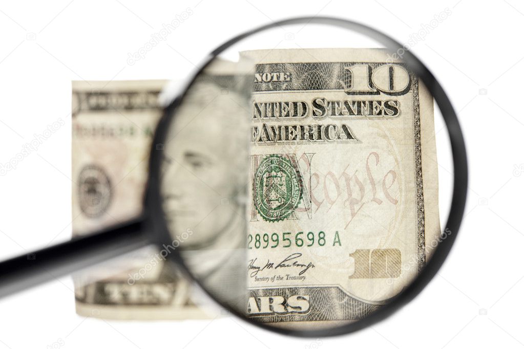 dollar and magnifying glass