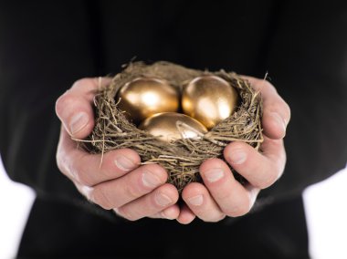 businessman holding nest with gold eggs clipart